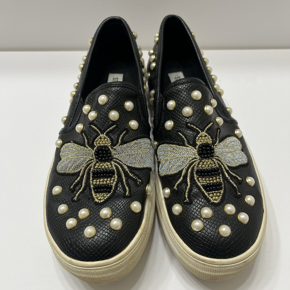 Steve Madden Polly Bee Platform Sneakers Black Leather Faux Pearls Embroidered 7